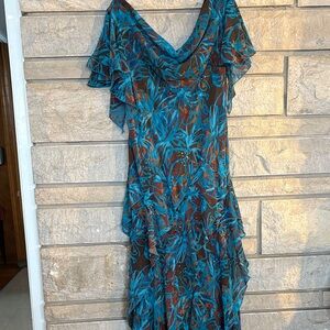 Robbie Bee Asymmetrical Blue and Brown Dress with Beautiful Sequins